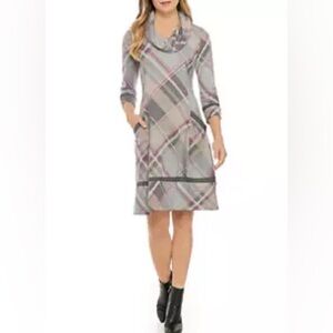 Signature By Robbie Bee Grey Plaid Cowls Neck Sweater Dress